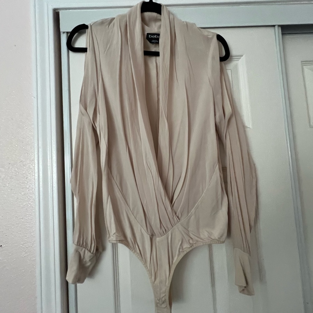 Bebe Cream Asymmetrical Long Sleeve Bodysuit